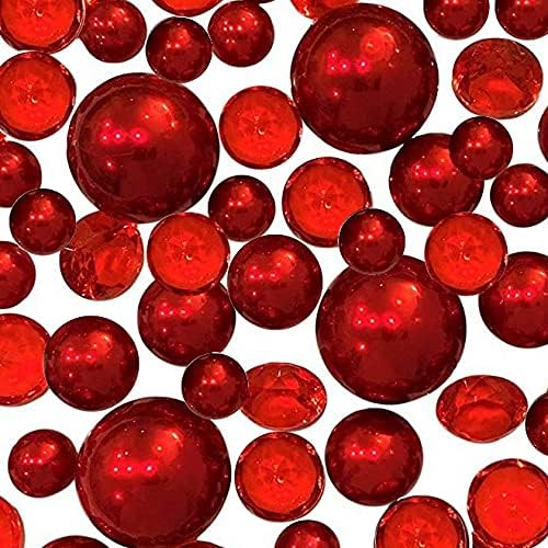 100 Floating Red Pearls and Sparkling Gems- Large Sizes- Option of 3 Submersible Fairy Lights Strings Hidable Submersible Batteries- 2 Gallons of Transparent Water Gels for Vases