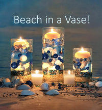 100 Floating White Seashells- White Coral Reef-Pearls-Aqua Sea Color Gels- Fills 1 Gallon for Your Vases- With Pre-Measured Prep Bag-Option of 3 Submersible Fairy Lights Strings