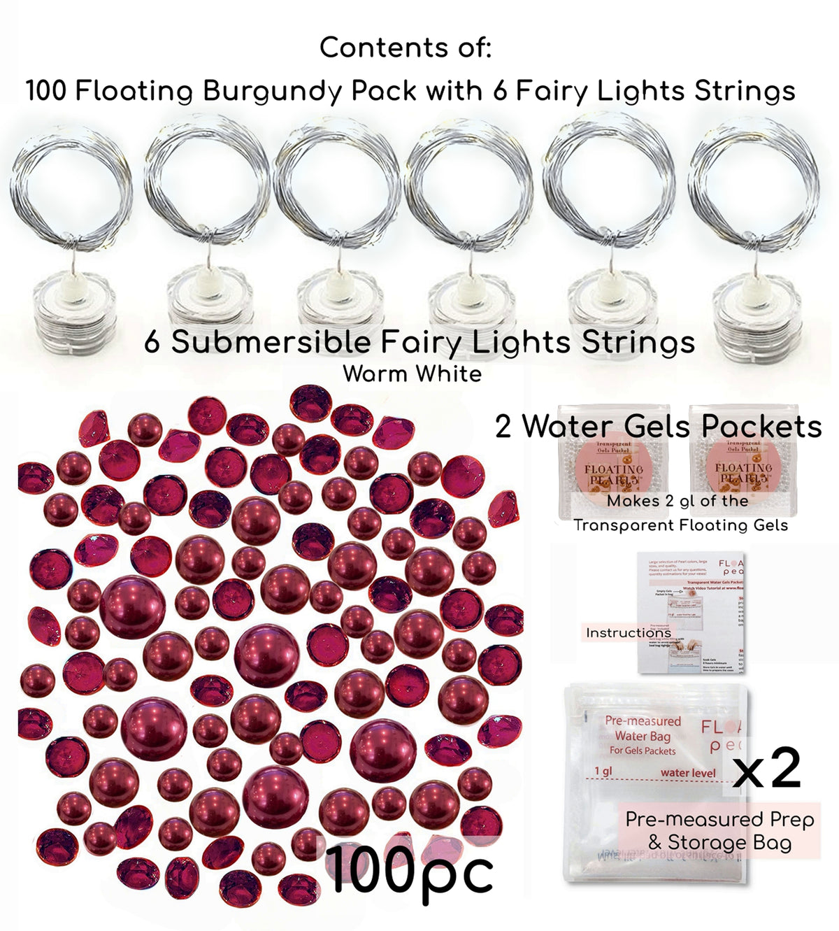 100 Floating Burgundy Pearls with Matching Sparkling Gems-Large Sizes-Fills 4 Medium Size Vases of The Floating Transparent Gels-Measured Gels Prep Bags-Option of 6 Submersible Fairy Lights Strings