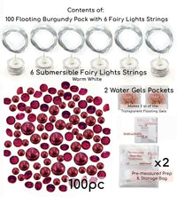100 Floating Burgundy Pearls with Matching Sparkling Gems-Large Sizes-Fills 4 Medium Size Vases of The Floating Transparent Gels-Measured Gels Prep Bags-Option of 6 Submersible Fairy Lights Strings