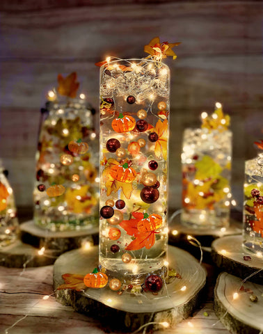 50 Floating Realistic Fall Leaves- Pumpkins- Mums & Pearls- Large sizes- Fills 1 Gallon of The Transparent Water Gels for Vases- With Pre-Measured Prep Bag- Option 3 Fully Submersible Fairy Lights Strings