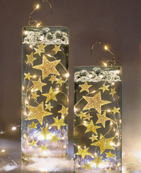 50 Floating Gold Stars-Sparkling-Large Sizes-Fills 1 Gallon of the Transparent Floating Gels for Your Vases - With Pre-Measured Prep Bags - Option of 3 Submersible Fairy Lights Strings