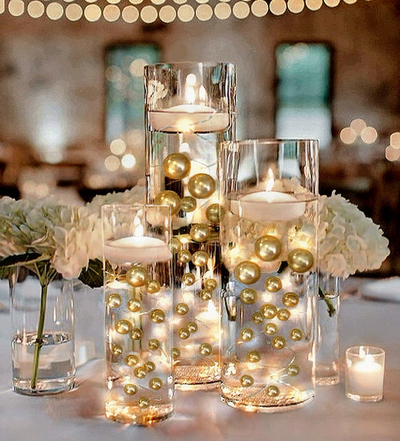 100 Floating Gold Pearls with Gold Sparkling Gems- Large Sizes- Option of 3 White or Warm White Submersible Fairy Lights Strings Hidable Submersible Batteries- Fills 2 Gallons of Transparent Water Gels for your Vases with Prep Bags