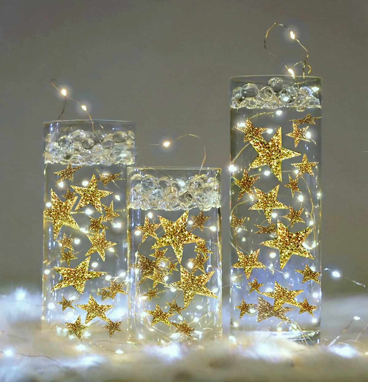 50 Floating Gold Stars- Sparkling- Large Sizes- Fills 1 Gallon of the Transparent Floating Gels for Your Vases- With Pre-Measured Prep Bags- Option of 3 Submersible Fairy Lights Strings