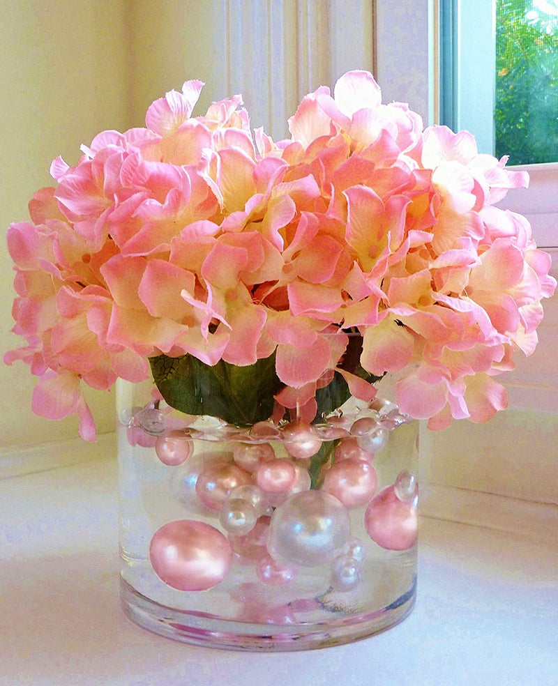 100 Floating Light Pink Pearls with Matching Gems- Large Sizes- Fills 2 Gallons of Transparent Floating Gels for Your Vases - With Gels Measured Prep Bags - Option of 6 Submersible Fairy Lights Strings