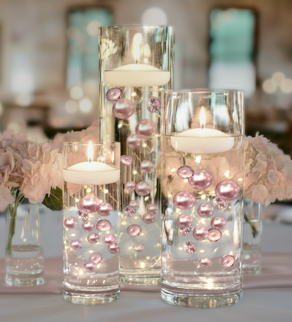 120 perles "flottantes" roses et blanches avec des accents de pierres précieuses étincelantes - Décorations de vase sans trou et tailles assorties et dispersions de table