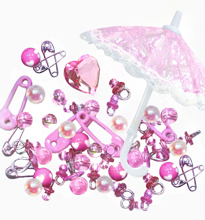 60 Floating Pink Baby Shower Pacifiers, Safety Pins, Vintage Lace Umbrella- Fills 1 Gallon of Floating Gels for Your Vases- Including the Transparent Gels For the Floating Effect- With Measured Prep Bag- Option 3 Submersible Fairy Lights Strings