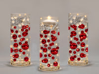 100 Floating Red Pearls and Sparkling Gems- Large Sizes- Option of 3 Submersible Fairy Lights Strings Hidable Submersible Batteries- 2 Gallons of Transparent Water Gels for Vases