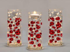 100 Floating Red Pearls and Sparkling Gems- Large Sizes- Option of 3 Submersible Fairy Lights Strings Hidable Submersible Batteries- 2 Gallons of Transparent Water Gels for Vases