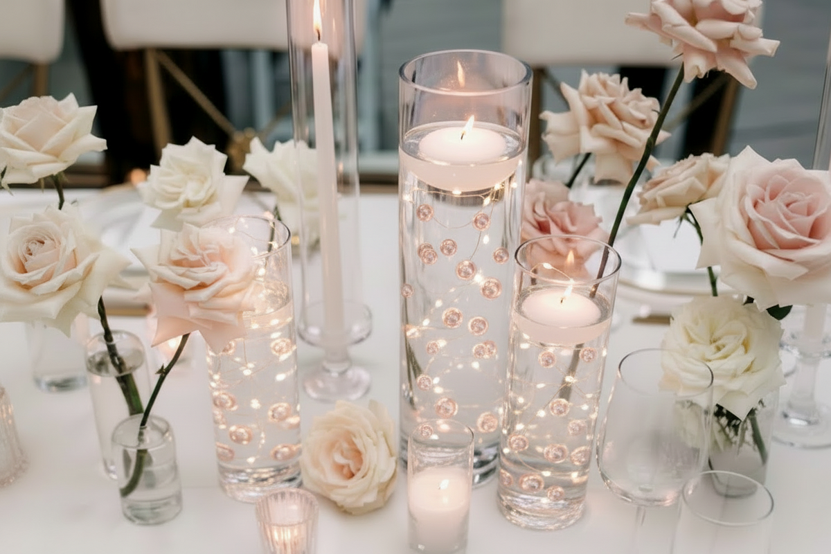 80 "عائمة" لؤلؤ وأحجار كريمة من الذهب الوردي الفاتح بدون ثقب جامبو وأحجام متنوعة زينة زهرية + تتضمن جل ماء شفاف لتعويم اللؤلؤ