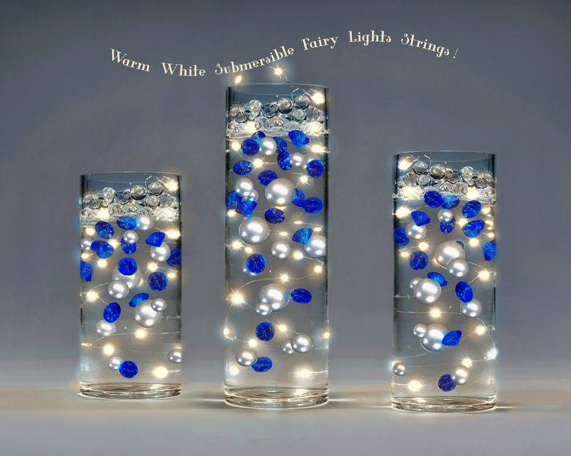 100 Floating Royal Blue Gems & Floating Glitter Silver Pearls-Jumbo Sizes-Fills 2 Gallons of Transparent Gels for Floating Effect-With Measured Floating Gels Prep Bags-Option: 6 Submersible Fairy Lights Strings