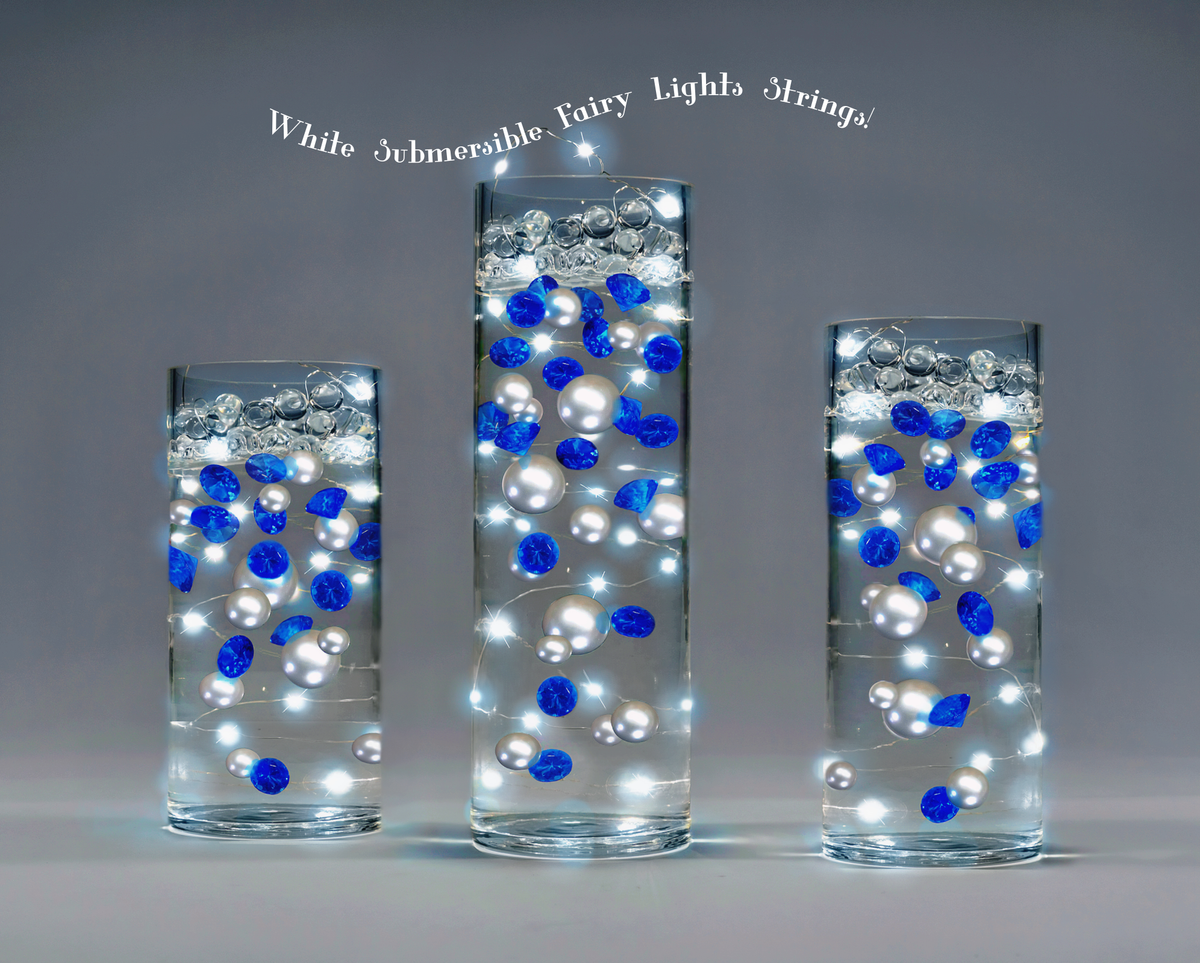 100 Floating Royal Blue Gems & Floating Glitter Silver Pearls-Jumbo Sizes-Fills 2 Gallons of Transparent Gels for Floating Effect-With Measured Floating Gels Prep Bags-Option: 6 Submersible Fairy Lights Strings