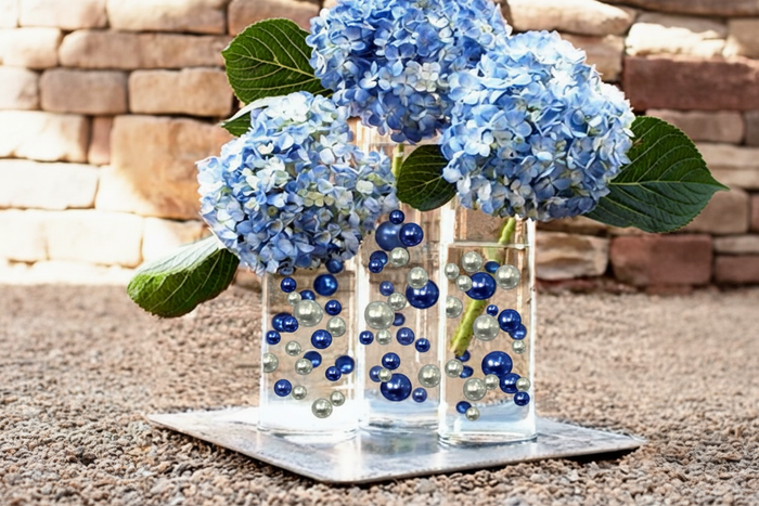 "Floating" Navy (Royal Blue) & Silver Pearls - No Hole Jumbo/Assorted Sizes Vase Decorations