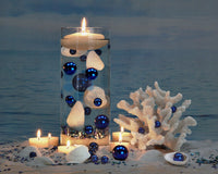 100 Floating White Seashells-White Coral Reef-Pearls-Aqua Sea Color Gels-Fills 4 Med Size Vases-With Exclusive Measured Floating Gels Prep Bag-Option of 3 Submersible Fairy Lights Strings