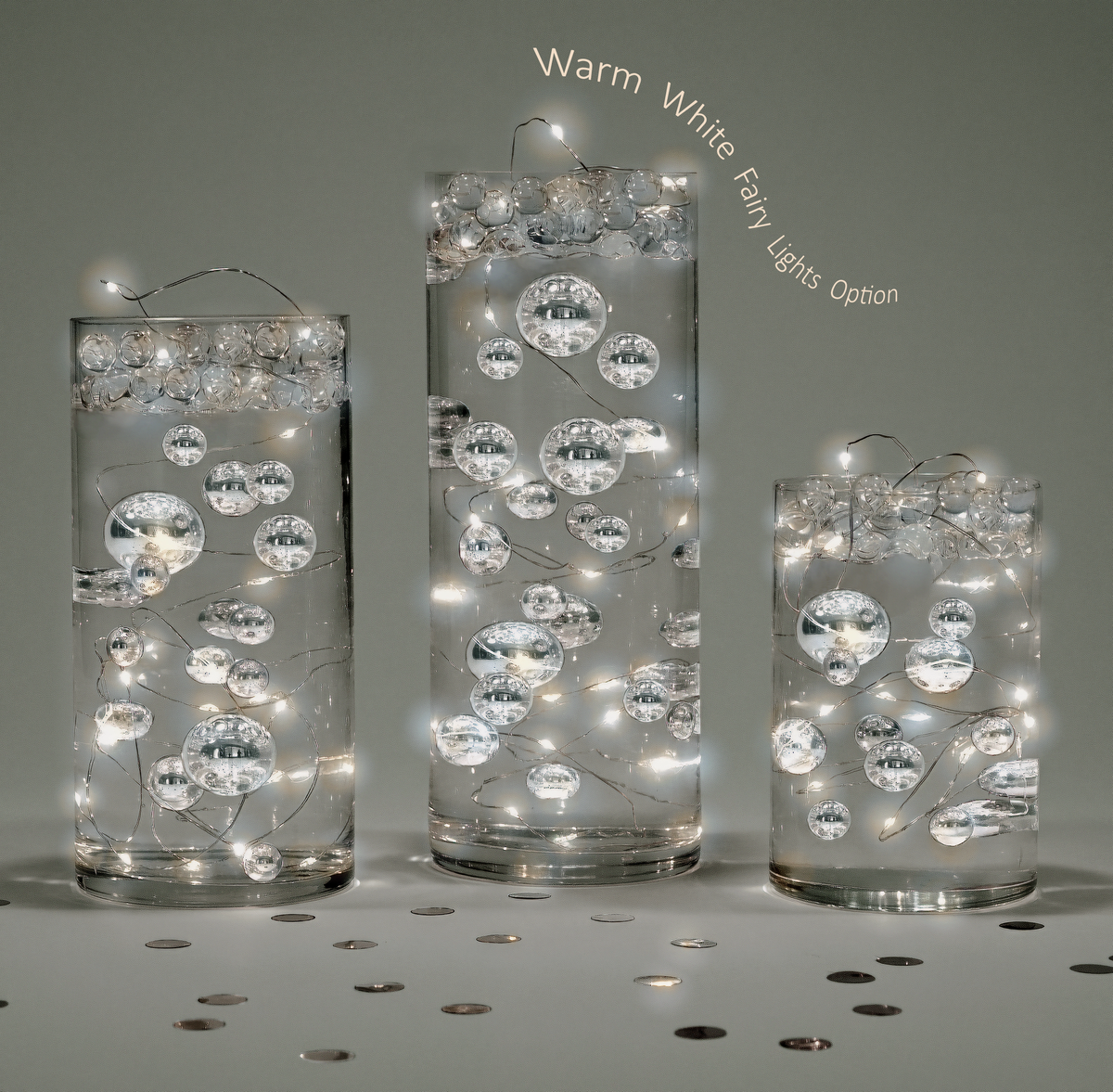 Floating Metallic Silver Pearls-Jumbo Sizes-Fills 1 Gallon of Floating Pearls & the Transparent Gels for Floating Effect-With Exclusive Measured Floating Gels Prep Bag- Option: 3 Submersible Fairy Lights Strings