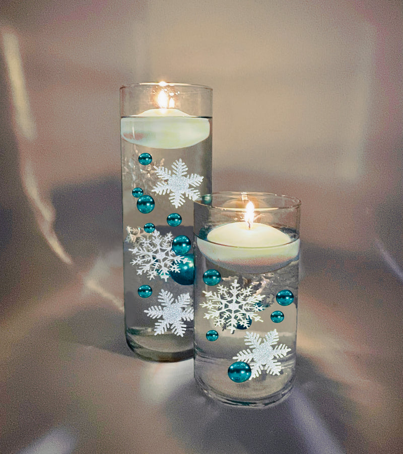 50 White Floating Snowflakes & Pearls - Fills 4 Medium Size Vases (not included) - With Option of 3 Submersible Fairy Lights Strings