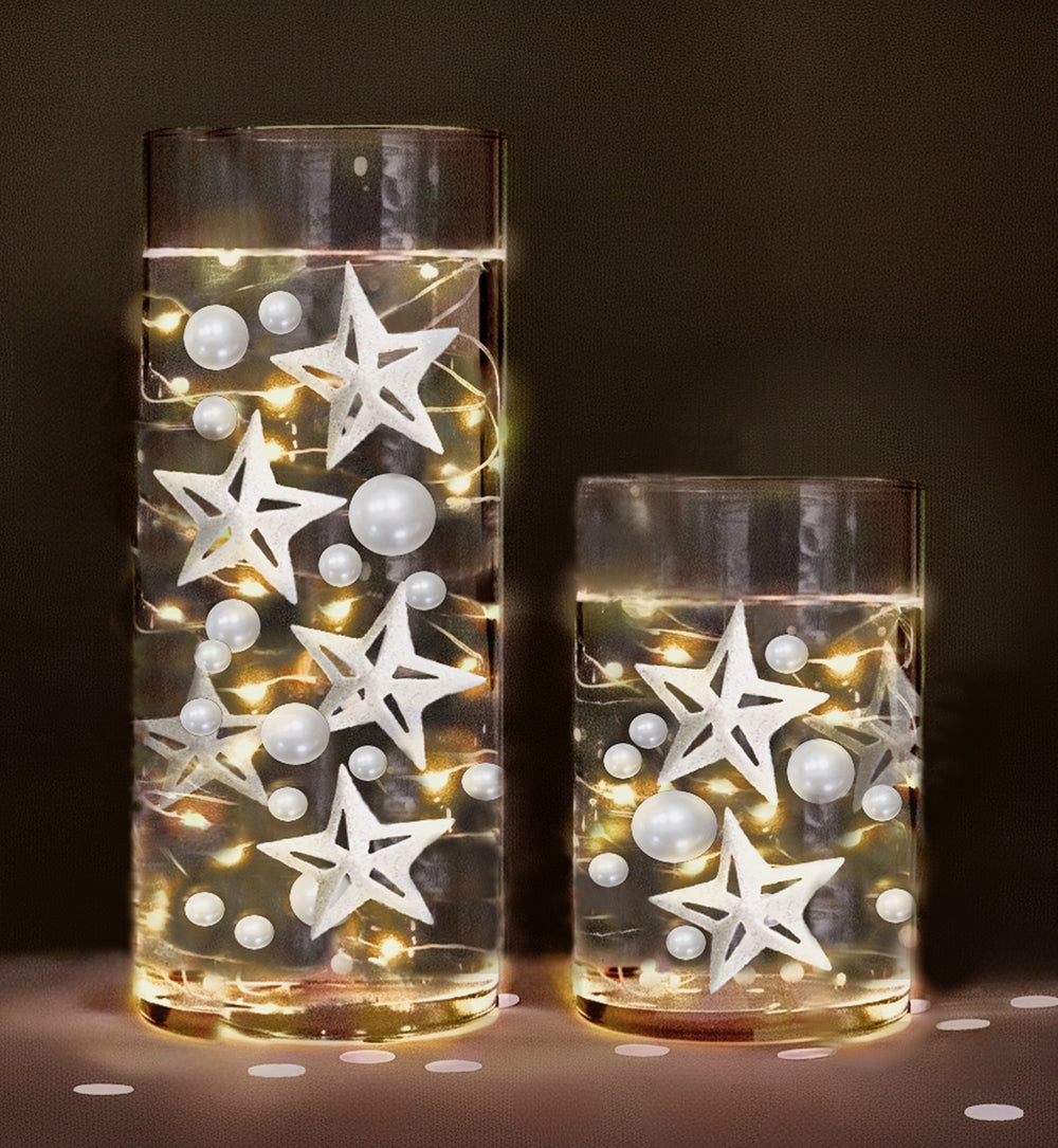 Étoiles scintillantes blanches "flottantes" avec option de guirlandes lumineuses submersibles - Décorations de vase - Dispersion de table