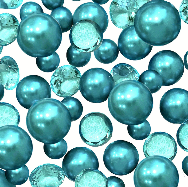 100 Floating Turquoise Blue/Teal Pearls and Matching Gems-Fills 2 Gallons of The Transparent Gels for the Floating Effect-Option: 6 Submersible Fairy Lights Strings