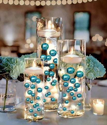 100 Floating Turquoise Blue/Teal Pearls and Matching Gems-Fills 2 Gallons of The Transparent Gels for the Floating Effect-Option: 6 Submersible Fairy Lights Strings