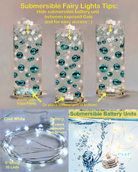 40pc Floating White Stars Pearls- Option of 3 Submersible LED Fairy Lights Strings with Hidable & Submersible Battery- Fills 1 Gallon of Transparent Gels for the Floating Effect