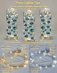 100 Floating Turquoise Blue/Teal Pearls and Matching Gems-Fills 2 Gallons of The Transparent Gels for the Floating Effect-Option: 6 Submersible Fairy Lights Strings