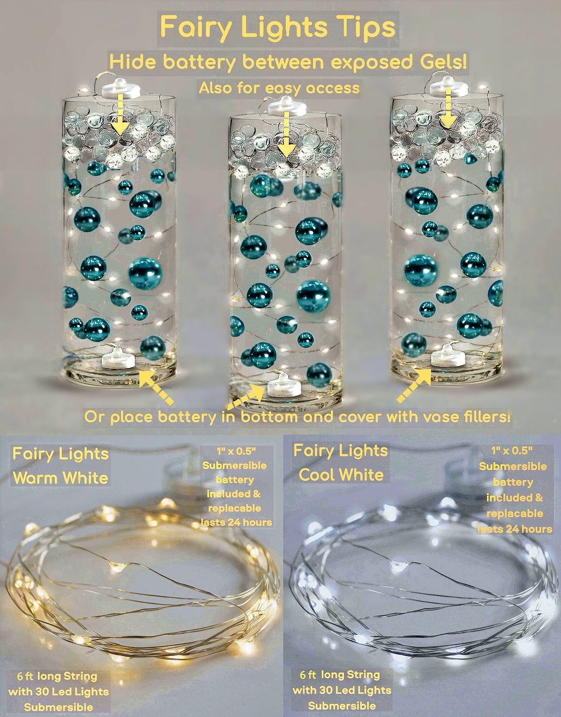 100 Floating Royal Blue Gems & Floating Glitter Silver Pearls-Jumbo Sizes-Fills 2 Gallons of Transparent Gels for Floating Effect-With Measured Floating Gels Prep Bags-Option: 6 Submersible Fairy Lights Strings