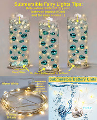 40pc Floating White Stars Pearls- Option of 3 Submersible LED Fairy Lights Strings with Hidable & Submersible Battery- Fills 1 Gallon of Transparent Gels for the Floating Effect
