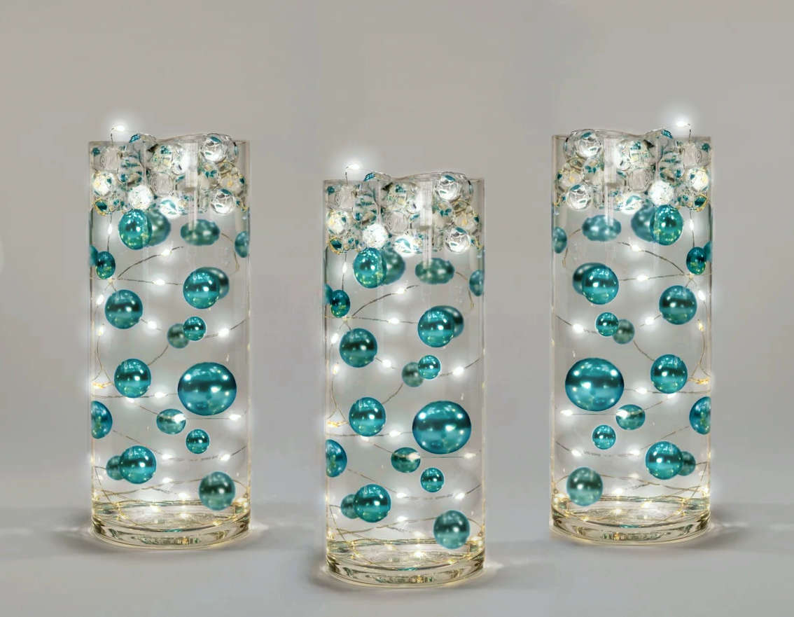 75 Floating Turquoise Blue/Teal Pearls-Fills 1 Gallon of The Transparent Gels for The Floating Effect-With Measured Gels Prep Bag-Option of 3 Fairy Lights Strings