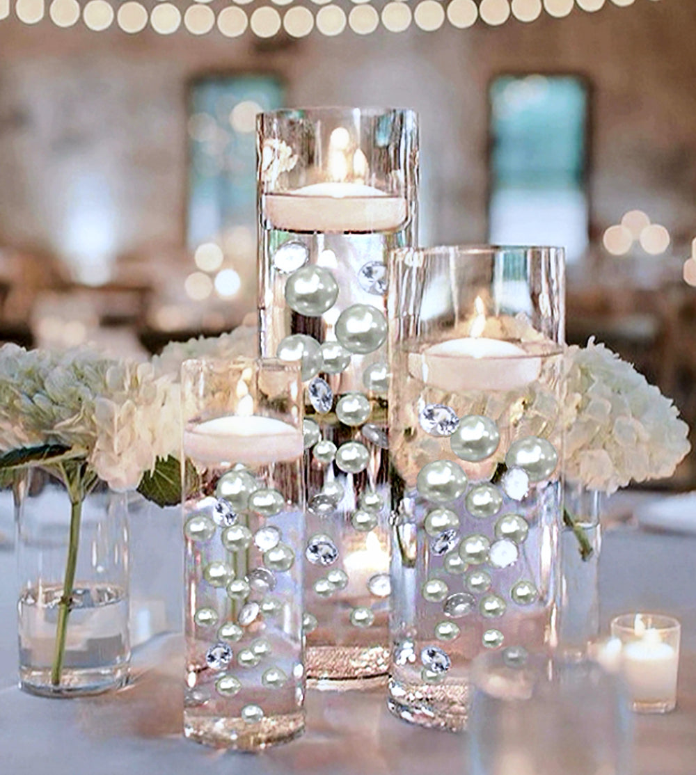 120 perles blanches "flottantes" et accents de pierres précieuses scintillantes - Décorations de vase sans trou/tailles assorties et dispersion de table