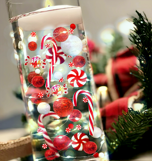 50 Floating Christmas Red White Candy Canes- Peppermints- Candy- Pearls- Option of 3 White or Warm White Submersible Fairy Lights Strings Hidable Submersible Batteries-Fills 1 Gallon of Transparent Water Gels for your Vases with Prep Bag