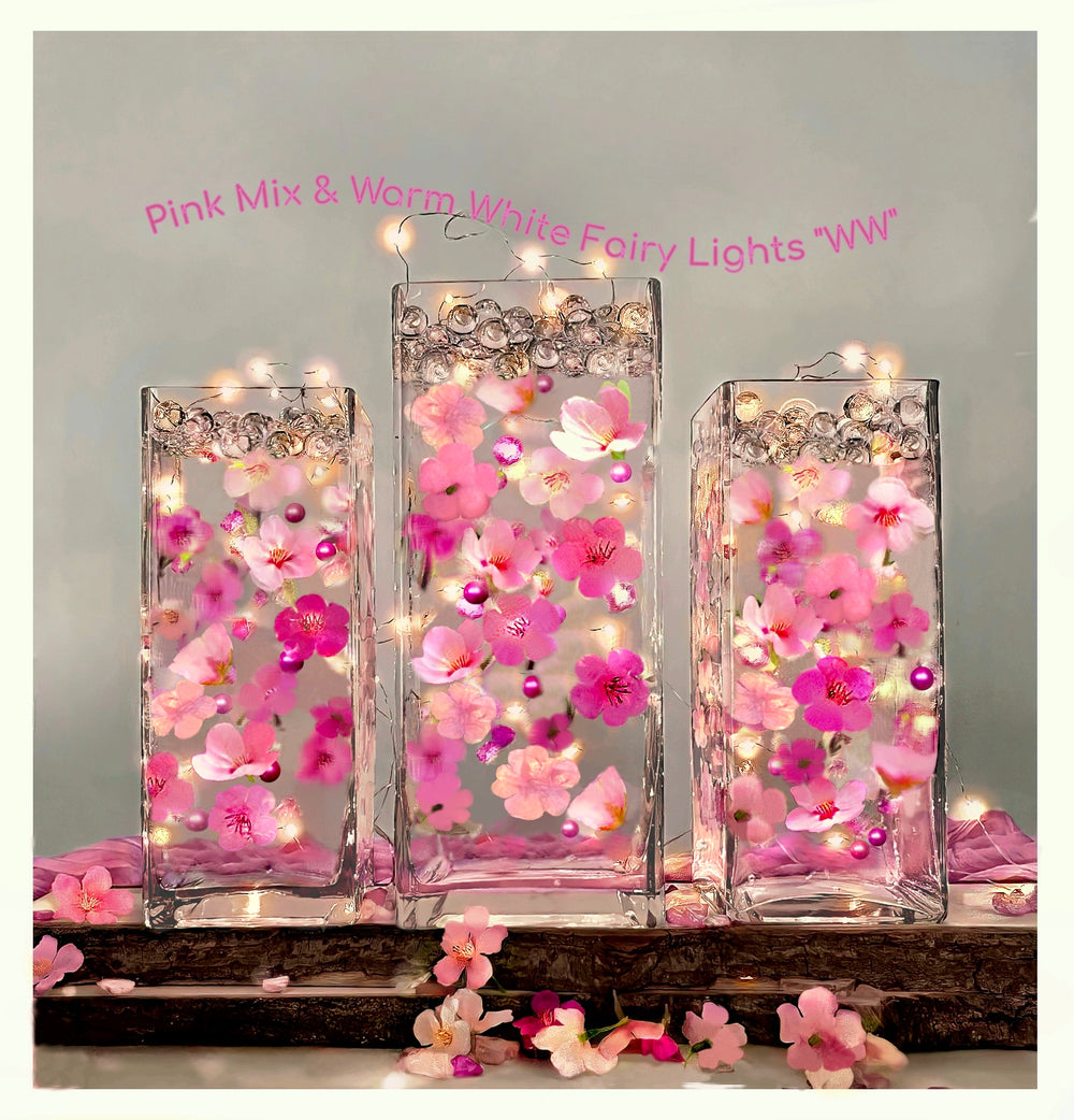 60 fleurs de cerisier roses flottantes, galets, perles - Donne 1 gallon de gels d'eau transparents pour vos vases - Option de 3 guirlandes lumineuses LED submersibles/piles submersibles masquables
