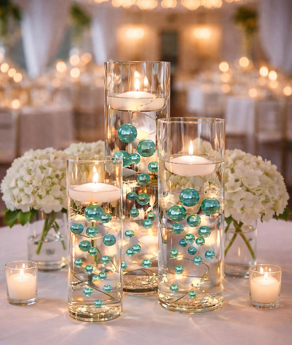 80 "Floating" Turquoise - Robin Egg Blue Pearls and Gems No Hole Jumbo & Assorted Sizes Vase Decorations + Comprend des gels d'eau transparents pour faire flotter les perles