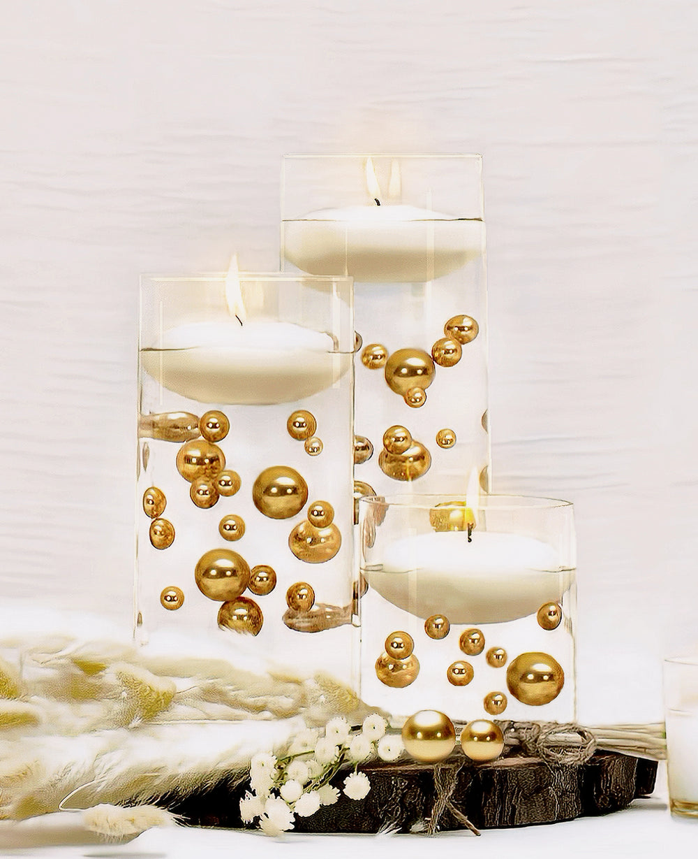 75 Floating Gold Pearls Large Sizes- Option of 3 Submersible Fairy Lights Strings Hidable Submersible Batteries- Fills 1 Gallon for Your Vases