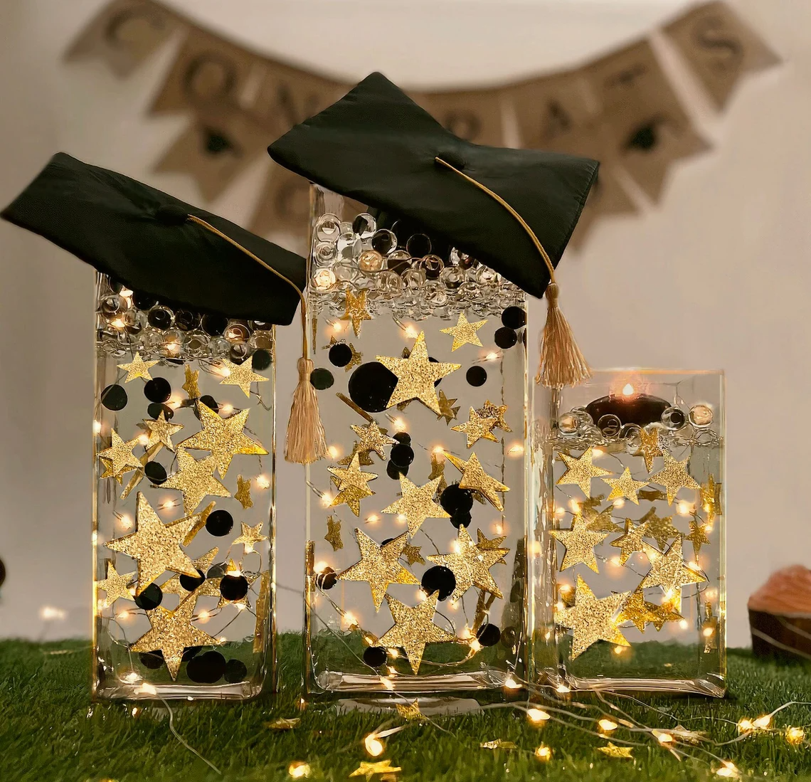 50 Floating Gold Stars-Sparkling-Large Sizes-Fills 1 Gallon of the Transparent Floating Gels for Your Vases - With Pre-Measured Prep Bags - Option of 3 Submersible Fairy Lights Strings