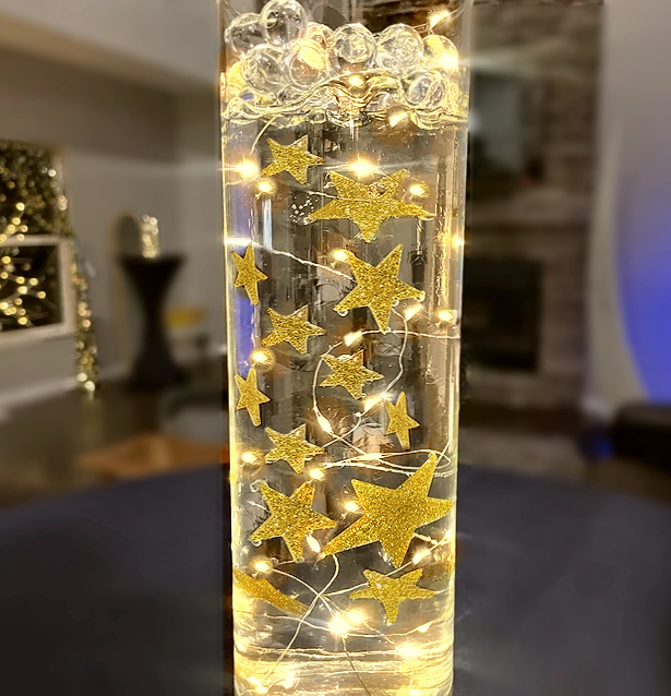 50 Floating Gold Stars-Sparkling-Large Sizes-Fills 1 Gallon of the Transparent Floating Gels for Your Vases - With Pre-Measured Prep Bags - Option of 3 Submersible Fairy Lights Strings