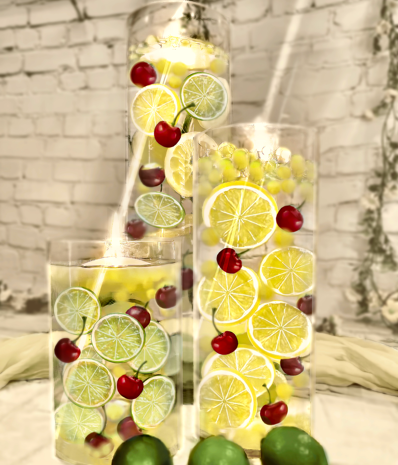 Zesty Floating Choices:Lemons-Limes-Cherries-Daisies-Fairy Lights-1 Pk fills 1 Gallon for Your Vases-With Our Exclusive Transparent Water Gels Floating Measured Kit