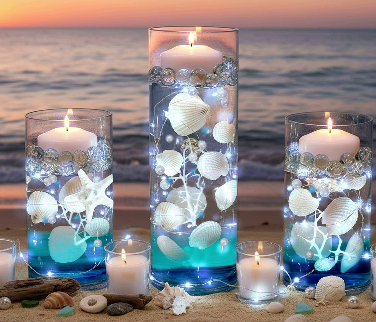 75 Floating White Seashells-White Starfish-Coral Reef-Pearls-Aqua Beads-Option to add 3 Submersible LED Fairy Lights Strings with Hidable Submersible Batteries- Fills 1 gallon of the Transparent Water Gels for the Floating Effects