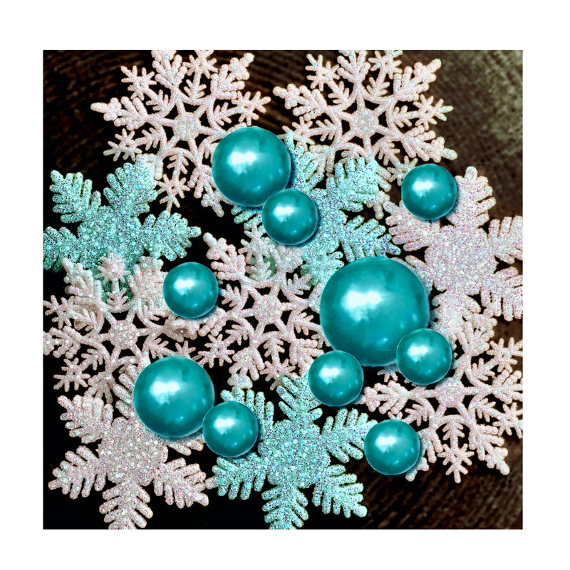 50 Floating White and Turquoise Blue Snowflakes - Pearls - Fills 4 Medium Size Vases (not included) - Option of 3 Submersible Fairy Lights Strings