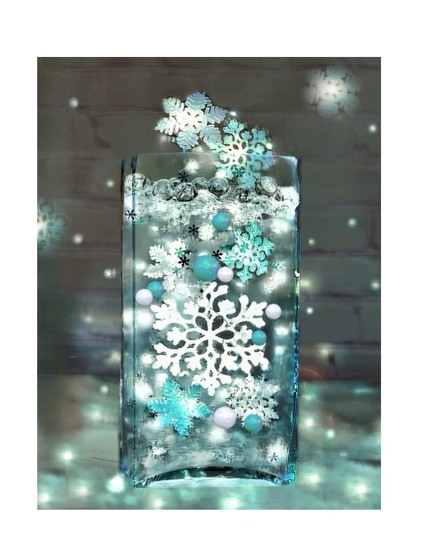 Flocons de neige blancs étincelants "flottants" et perles bleu aqua - Décorations de vase d'hiver