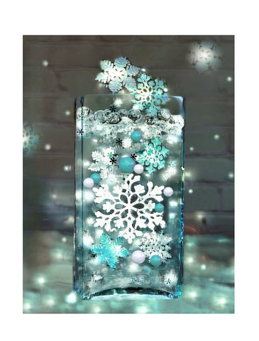 50 Floating White and Turquoise Blue Snowflakes - Pearls - Fills 4 Medium Size Vases (not included) - Option of 3 Submersible Fairy Lights Strings