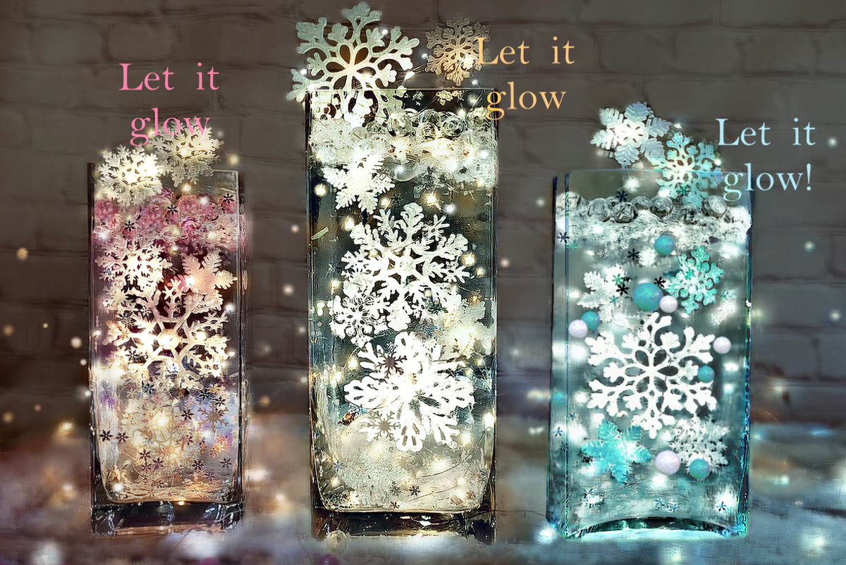 50 Floating White and Turquoise Blue Snowflakes - Pearls - Fills 4 Medium Size Vases (not included) - Option of 3 Submersible Fairy Lights Strings