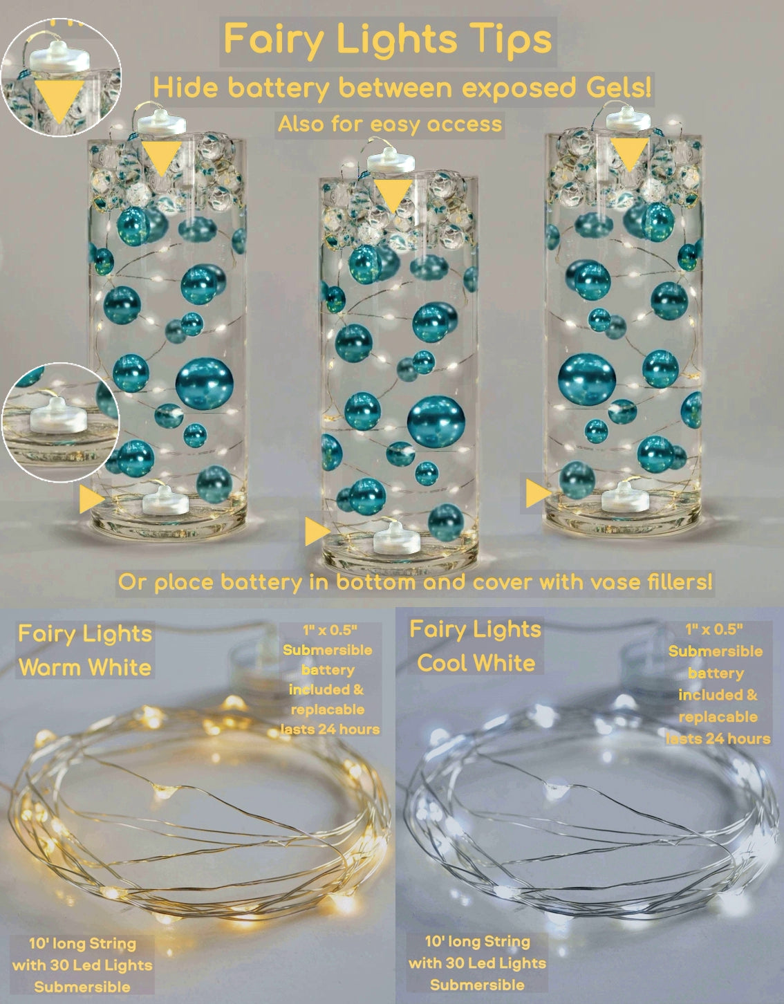 100 "Floating" White Pearls and Matching Gems-Shiny-Fills 2 Gallons of Floating Pearls, Gems and the Transparent Gels for Vases-With Exclusive Gels Prep Bags-Option: 6 Submersible Fairy Lights Strings