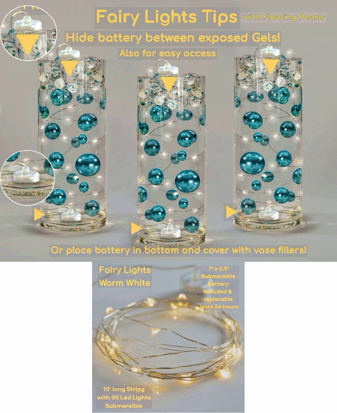 50 Fall Thanksgiving Floating Glowing Pumpkins, Gems, and Pearls - Fills 1 Gallon of the Floating Gels for Your Vase-With Floating Gels Pre-Measured Prep/Storage Bag-Option of 3 Fairy Lights Strings