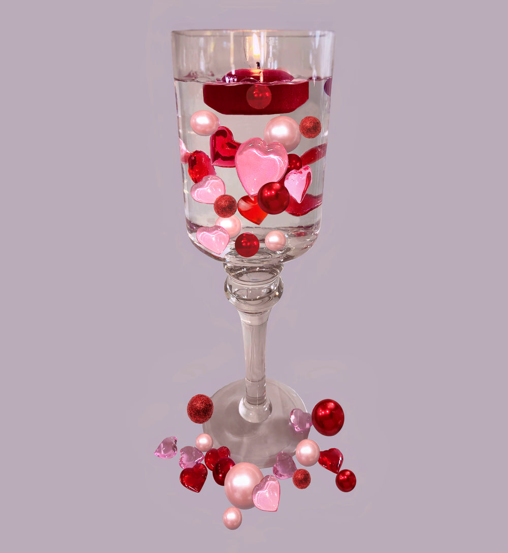 "Floating" Valentine Red & Light Pink Pearls with Matching Heart Gems - Jumbo/Assorted Sizes for Vase Decorations & Table Scatter