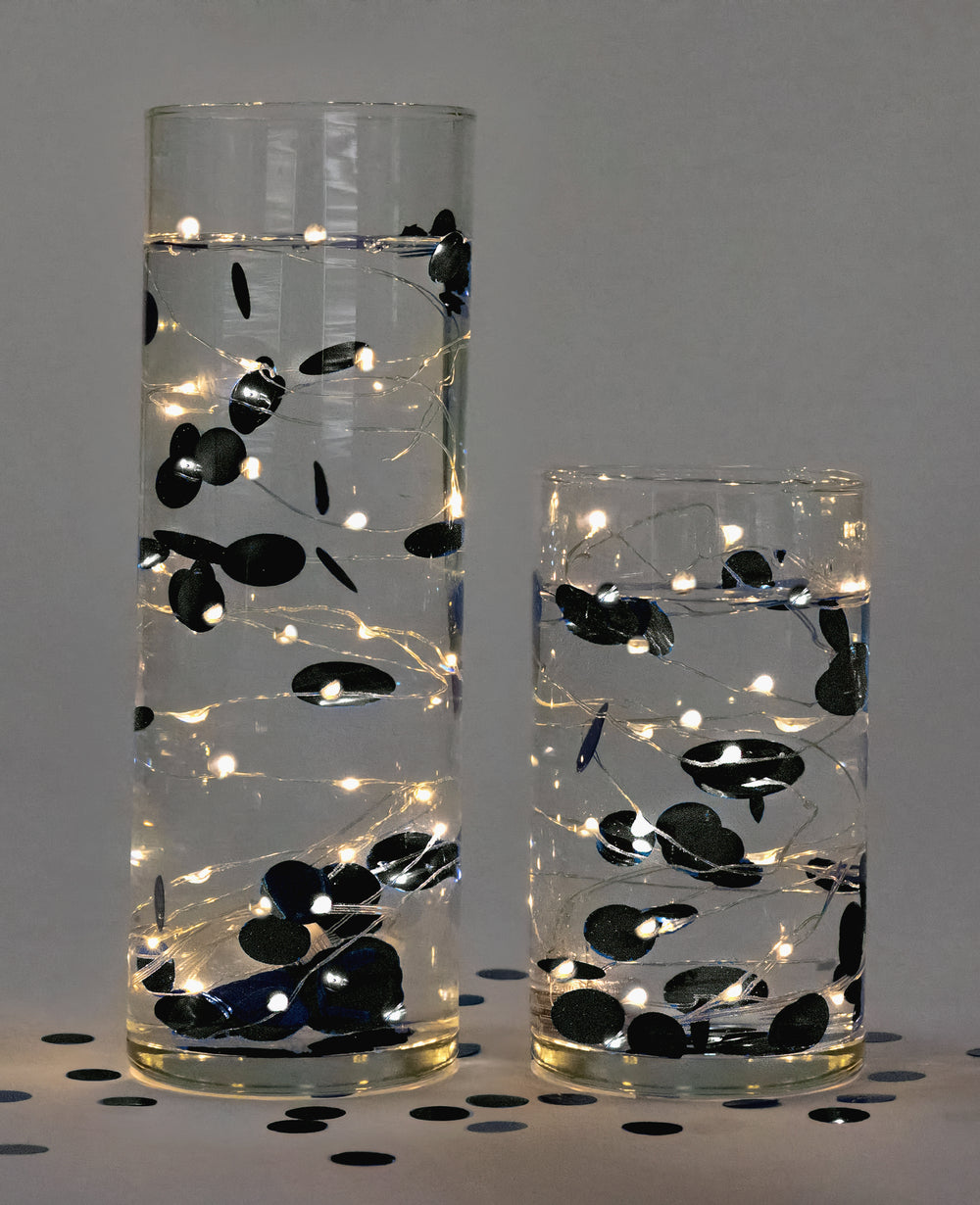 Confeti negro metálico "flotante" con opción de luces de hadas - Decoraciones de jarrones y esparcimiento de mesa