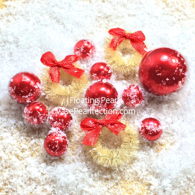 Couronnes miniatures rustiques "flottantes", neige et perles rouges décorations de vase Winter Wonderland