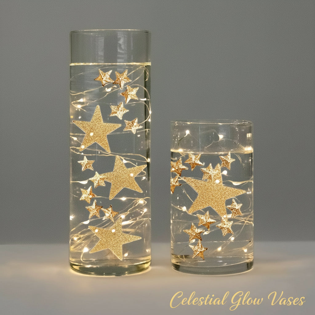 40pc Floating White Stars Pearls- Option of 3 Submersible LED Fairy Lights Strings with Hidable & Submersible Battery- Fills 1 Gallon of Transparent Gels for the Floating Effect