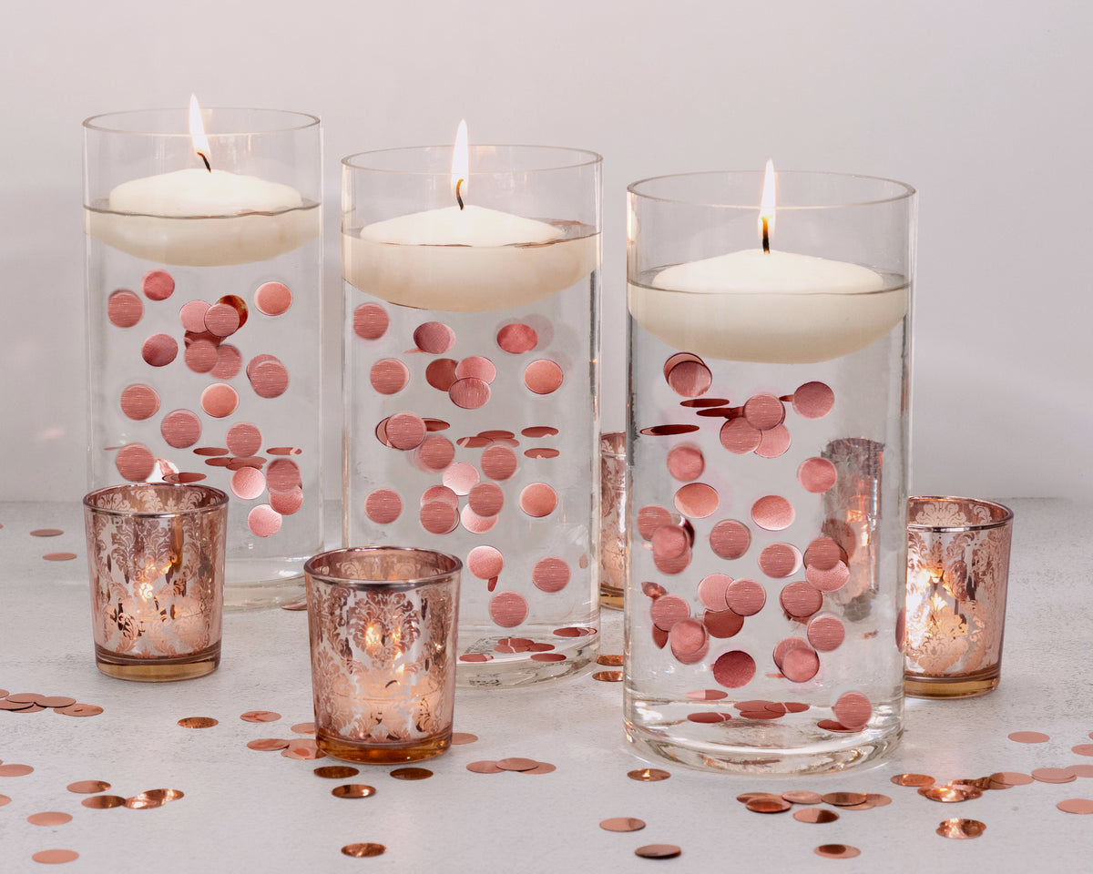 "Floating" Metallic Rose Gold Confetti - 2000pc - Fills 1 Gallon for Your Vases-Option of 3 Submersible Fairy Lights