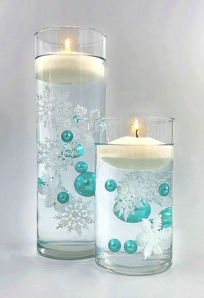 50 Floating White and Turquoise Blue Snowflakes - Pearls - Fills 4 Medium Size Vases (not included) - Option of 3 Submersible Fairy Lights Strings