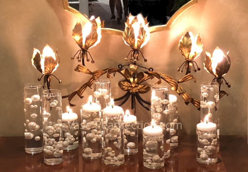 100 Floating White Pearls with Sparkling Gems- Large Sizes- Option of 3 White or Warm White Submersible Fairy Lights Strings Hidable Submersible Batteries- Fills 2 Gallons of Transparent Water Gels for your Vases with Prep Bags